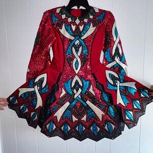 Vintage Red Blue Black White Sequined Celtic Irish Dancing Competition Dress